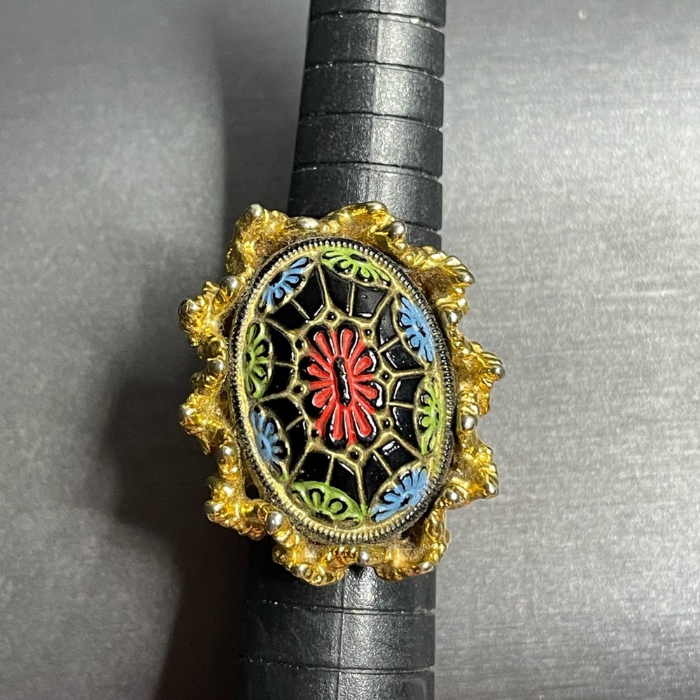 Moroccan Glass Lg Cabochon Gold Tone Leaves Vintage Adjustable Ring Sz 7 - Picture 6 of 12